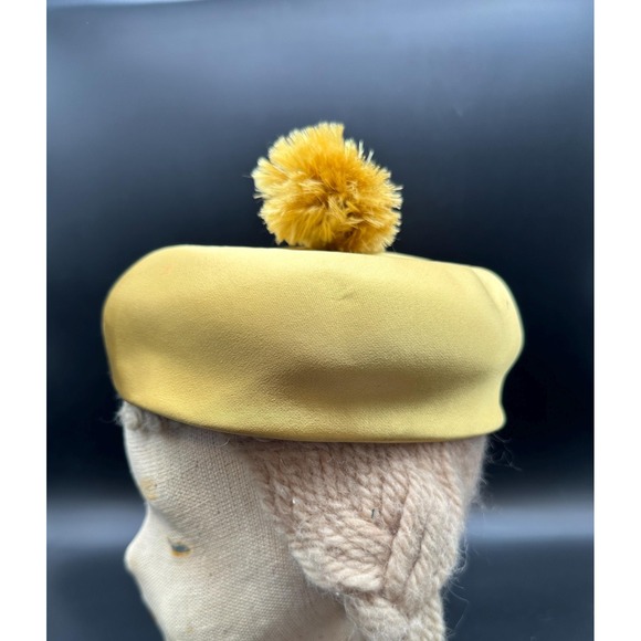 Vintage Mr. John Womens Pillbox Hat Pom pom Yellow Gold Satin 1950s 1960s Mod - Picture 1 of 8